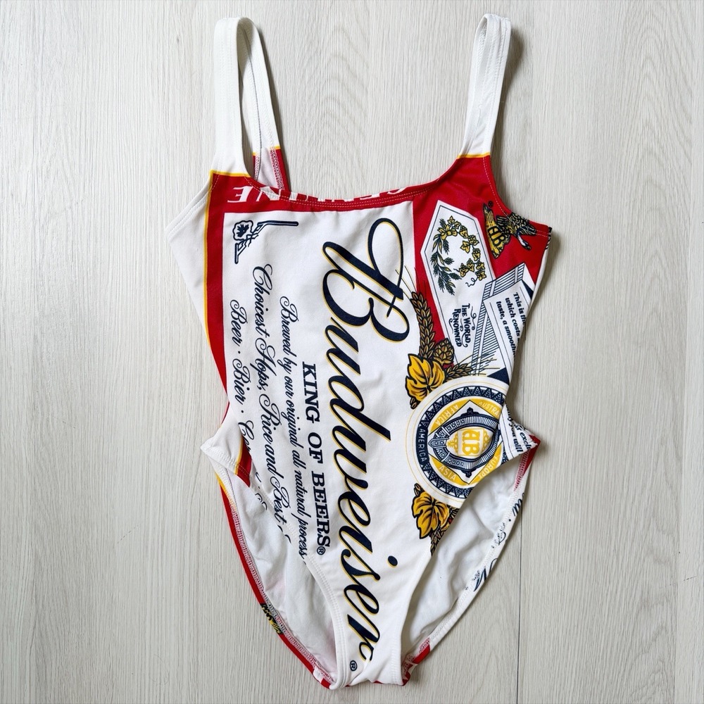 VTG Budweiser Beer Swimsuit Womens 9 One Piece 90s Anheuser Busch Retro Festival